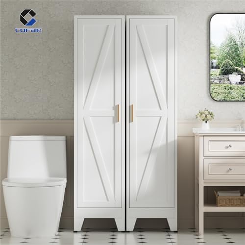 COFaR 67'' Tall Narrow Bathroom Storage Cabinet, Metal Farmhouse Skinny Pantry Cabinet with 4 Adjustable Shelves and One Door, Slim Cabinet Storage for Kitchen Laundry Garage, 5-Tier White - color: White, size: 67 Tall Single Door-Farmhouse