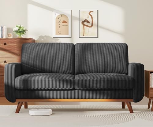 Vesgantti 68" Loveseat Sofa Black, Comfy Corduroy Couch with Spring Cushion and Solid Wood, Modern Extra Deep Seat for Bedroom, Living Room, Office - color: Black + Walnut Wood