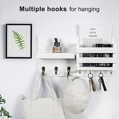 Lwenki Mail Organizer for Wall Mount – Key Holder with Shelf Includes Letter Holder and Hooks for Coats, Dog Leashes – Rustic Wood with Flush Mounting Hardware (16.5” x 8.7” x 3.5”) - color: White
