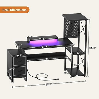 Computer Desk with 2 Fabric Drawers - Reversible Home Office Desk with Power Outlet & LED Lights, 53" Writing Desk with Monitor Stand & Storage Shelves, Gaming Desk Study Table with Pegboard, Black - color: Black