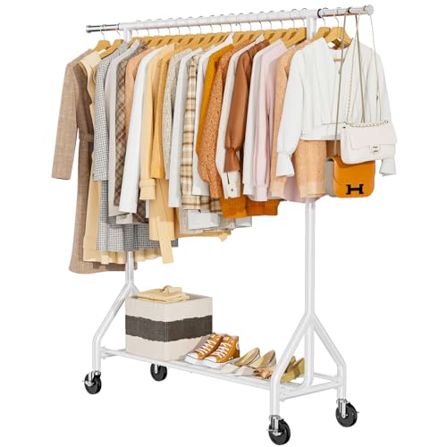 HYSEYY Heavy Duty Clothes Rack Load 450 LBS, Metal Garment Rack, Standing Rolling Clothing Rack for Hanging Clothes with Sturdy Wheels & Shelves, Portable Closet Wardrobe Rack,White - color: White