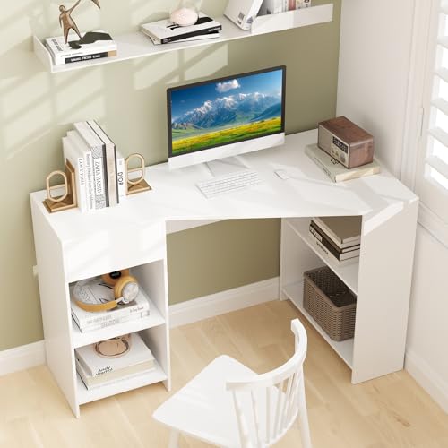 Tangkula White Desk with Storage Drawer & 4 Shelves, Space Saving Corner Desk for Small Spaces, Modern Home Office Laptop Workstation, Writing Study Table, Vanity Table for Bedroom (White)