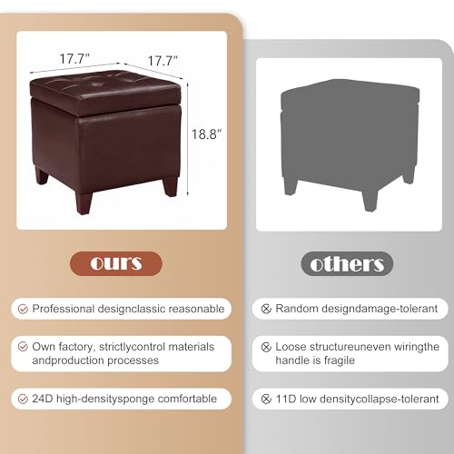 Storage Ottoman, 17" Fuax Leather Square Tufted Footrest Stool with Hinged Lid & Wooden Legs, Extra Seat or Coffee Table for Living Room, Bedroom, Entryway, Tan Brown - color: Tan Brown Leather