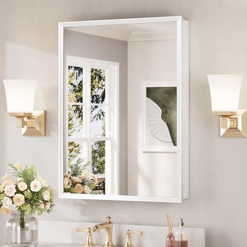 Keonjinn White Bathroom Medicine Cabinet Mirror 24 x 32, Assembly Needed | Stepless Adjustable Shelves, Aluminum Rust-Resistant, Tempered Glass, Surface Mount or Recessed Bathroom Mirror with Storage - color: White, size: 24x32 In