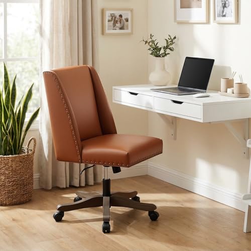 Upholstered Armless Office Chair Faux Leather Swivel Home Desk Office Chair | Modern Comfy Boho Office Chair with Wheels Adjustable Desk Chair no Arms for Sewing Women Farmhouse Study Studio PU Brown - color: Pu Brown