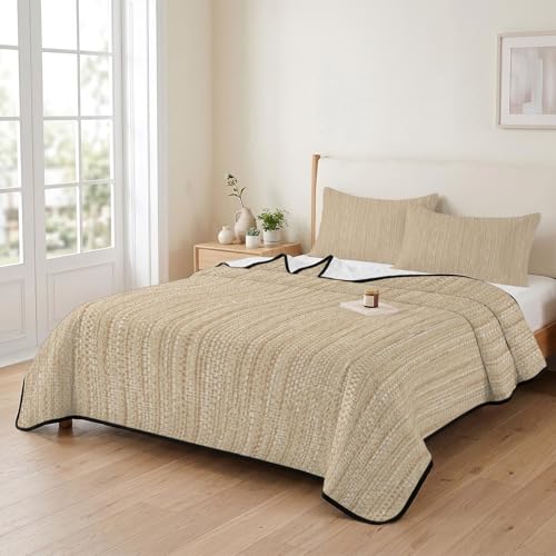 Twin XL Quilt Bedding Set, Minimalist Light Khaki Soft Microfiber Summer Bedspread Coverlet with 2 Pillow Shams for All Season, Crosshatch Linen Textured Breathable Bedding Set for Hot Sleepers - size: Twin XL