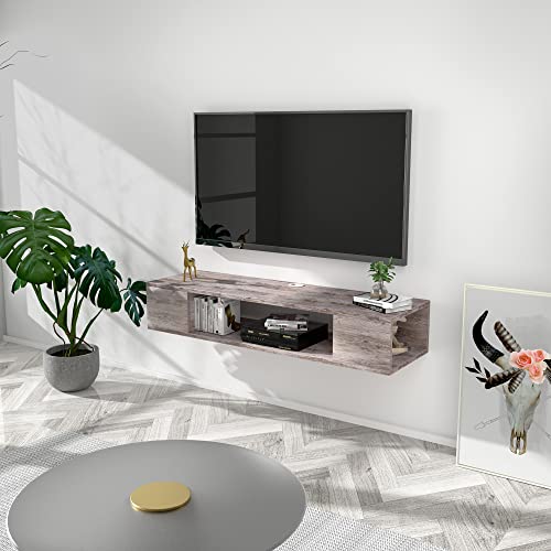GHC Floating TV Stand, Wall Mounted Entertainment Center and Cabinet Shelf, TV Console with Storage, Media Console for DVD Player, Space-Saving Under TV Shelf for Bedroom, Living Room (Grey) - color: Grey