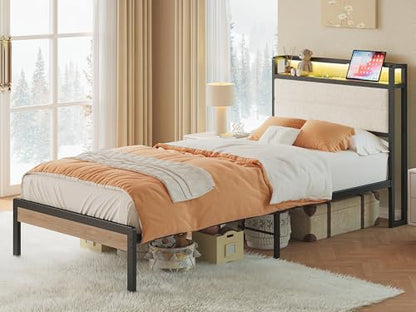 LIKIMIO Twin XL Bed Frame with Headboard, LED Lights and Charging Station | Upholstered sherpa storage headboard with LED & charger; heavy-duty slats; noise-free; modern elegance; natural and cream - color: Natural and Cream, size: Twin XL