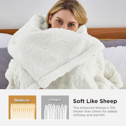 Bedsure Gentlesoft Sherpa Fleece Blanket Twin Size for Bed - Fluffy & Cozy Cable Jacquard Tufted for Women Gift, Thick and Warm Christmas Blanket for Winter, Cream, 60x80 Inches | Ultra-Soft, Cozy, Thick for Winter, Ideal for Couch, Dorm, Living Room, Gif