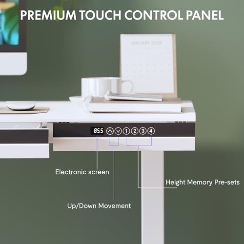 FLEXISPOT One-Piece 48" Standing Desk with Acrylic-Front Drawer, Fast-Assembly Ergonomic Sit-to-Stand Desk with MDF Top, 4 Height Memory Presets Touch-Control, Home Office Computer Workstation, White - size: 48"White+black
