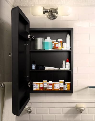 24”x16” Recessed Wood Medicine Cabinet with Mirror for Bathroom – Wall-Mounted Wooden Bathroom Cabinet with Adjustable Storage Shelf (Black, 16“x24) - color: Black, size: 16“x24"