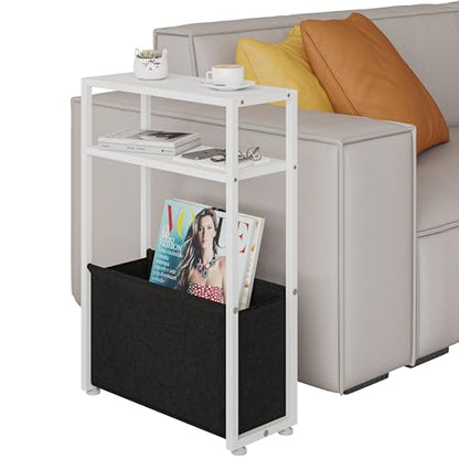Leomonio Narrow Side Table, Slim End Tables with Fabric Basket, Skinny Table for Small Spaces, Thin Bedside Table for Living Room, Bedroom, White, ZBZ01 - color: White