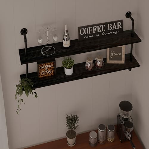 HDDFER Floating Bookshelf Shelves Industrial Pipe Shelving Pipe Shelf Rustic Black Wall Shelves 36 Inch Farmhouse for Wall Mounted - color: Black, size: 2Tier36in