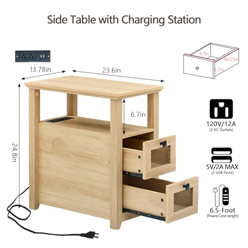 HDDDZSW Farmhouse XXL End Table with Charging Station, Narrow Side Table with USB Ports and Outlets, Nightstand with 2 Drawers Storage, Bedside Tables for Living Room, Bedroom, Wooden Color - color: Nature