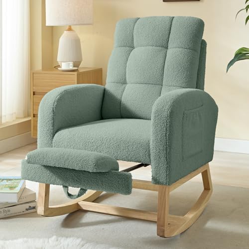NIOIIKIT Modern Nursery Rocking Chair, Teddy Upholstered Rocking Chair with Footrest, Comfortable Rocker Chair with Side Pocket, Rocker Chair for Living Room, Bedroom, Nursing Room (Green) - color: Green