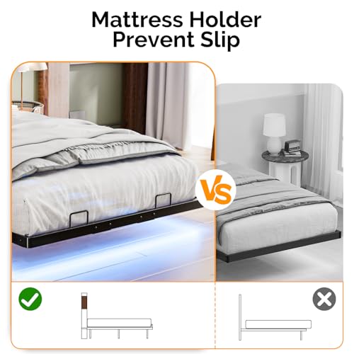 VINGLI Floating Bed Frame Twin Bed with Charging Station and LED Lights,Twin Metal Bed Frame,Cozy Hidden Storage Velvet Upholstered Headboard,No Box Spring Needed,Easy Assembly,Black - color: Industrial Brown, size: Twin