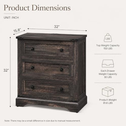 T4TREAM 32" Farmhouse 3 Drawer Dressers, Large End Table w/Charging Station | Rustic Wood Bedside Table for Bedroom, Living Room, Hallway, Dark Rustic Oak - color: Dark Rustic Oak, size: 15.8"D x 32"W x 32"H (3 Drawers)