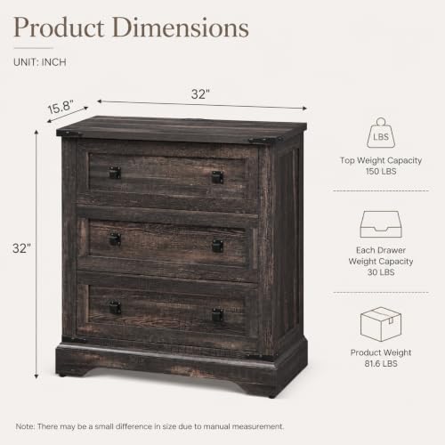T4TREAM 32" Farmhouse 3 Drawer Dressers, Large End Table w/Charging Station | Rustic Wood Bedside Table for Bedroom, Living Room, Hallway, Dark Rustic Oak - color: Dark Rustic Oak, size: 15.8"D x 32"W x 32"H (3 Drawers)