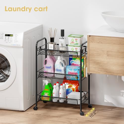 TOOLF 3 Tier Rolling Cart, Metal Utility Storage Cart with Wheels, Black | 3 Hooks, Screwless Assembly, Trolley Organizer for Bathroom, Kitchen, Office, Nursery, Dorm, Laundry Room - color: Black, size: 3-Tier
