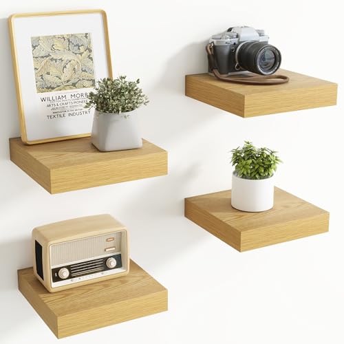 8 Inch Square Floating shelves for Wall, 8In Deep, Invisible Brackets, Oak | Rustic Wall Mounted Shelf, Storage & Display, Wooden Shelves for Living Room, Kitchen, Bathroom and Home Decor, Set of 4 - color: Oak, size: 8 Inch, Set of 4