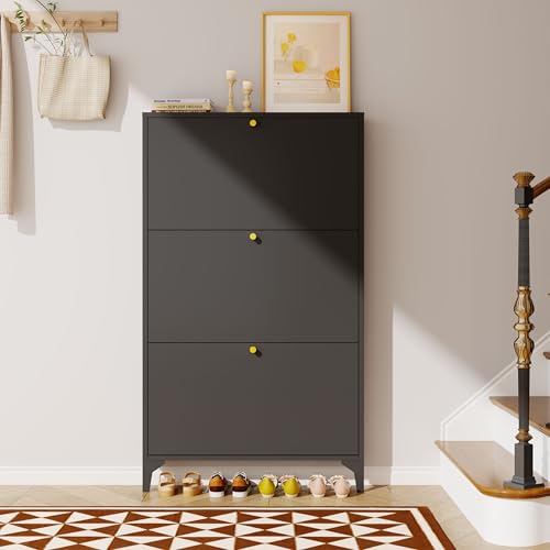 Slim Shoe Cabinet with 3 Flip Drawers,Narrow Shoe Cabinet,Freestanding Organizer,Metal Hidden Shoe Storage for Entryway,Hallway,Living Room(Width 27.56, Black) - color: Black, style: 3 door width 700