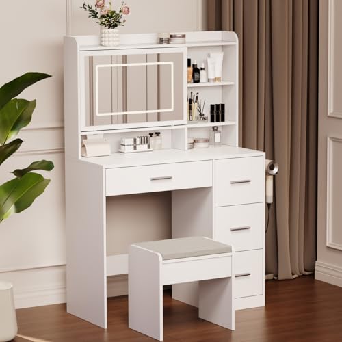 Viaozutis Vanity Desk with a Mirror and Lights，with Chair and Four Drawers, Three Adjustable Lighting Modes，with Power Outlet and Sliding LED Mirror,Bedroom Vanity Desk (White) - style: White