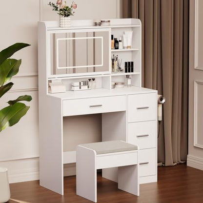 Viaozutis Vanity Desk with a Mirror and Lights，with Chair and Four Drawers, Three Adjustable Lighting Modes，with Power Outlet and Sliding LED Mirror,Bedroom Vanity Desk (White) - style: White