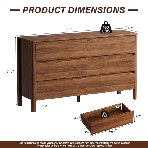 Furniway 55" Mid-Century Modern Dresser for Bedroom, 6 Drawer Wide Chest of Drawers with Wood Legs, Large Storage Bedroom Dresser, Walnut - size: 15.7"D x 55.1"W x 31.5"H (6 Drawers)