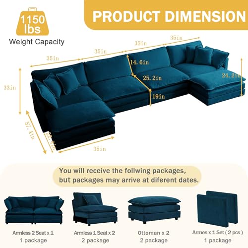 4 Seater Sectional Sofa,146.5 inch U-Shape,Blue | Oversized Modular Couch Deep Seat - color: Blue, size: 146.5 inch-U