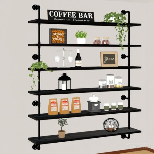 HDDFER 48 Inch Pipe Shelf Floating Shelves for Wall Shelves Bookshelf Industrial Pipe Shelving Real Wood Planks Rustic Hanging Shelves Farmhouse Kitchen Bar Shelving Black - color: Black, size: 6Tier48in