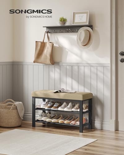 SONGMICS Shoe Bench, Storage Bench, Entryway Bench with Cushion | Shoe Shelf with Seat, Space-Saving, Modern Style, 31.9"W, Camel Brown and Ink Black ULBS057K01 - color: Camel Brown + Ink Black, size: 31.9"W