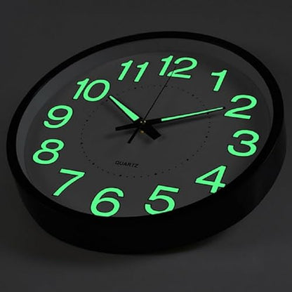 12 Inches Night Light Wall Clocks - with Silent Non-Ticking Glowing Function - Big Solid Numbers Easy to Read Both Day and Night - color: White/Black