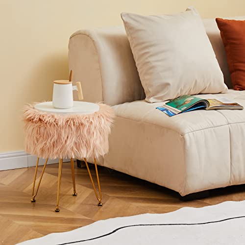 Faux Fur Storage Ottoman Round Furry Vanity Stool Marble Grain Tray Coffee Table Compact Footrest Stool with 4 Metal Legs Soft Makeup Seat Foot Stools Living Room Bedroom Entryway Champagne - color: Champagne