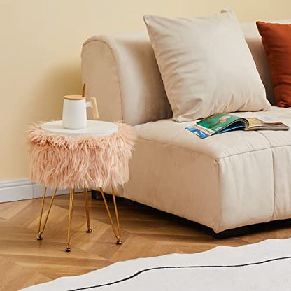 Faux Fur Storage Ottoman Round Furry Vanity Stool Marble Grain Tray Coffee Table Compact Footrest Stool with 4 Metal Legs Soft Makeup Seat Foot Stools Living Room Bedroom Entryway Champagne - color: Champagne