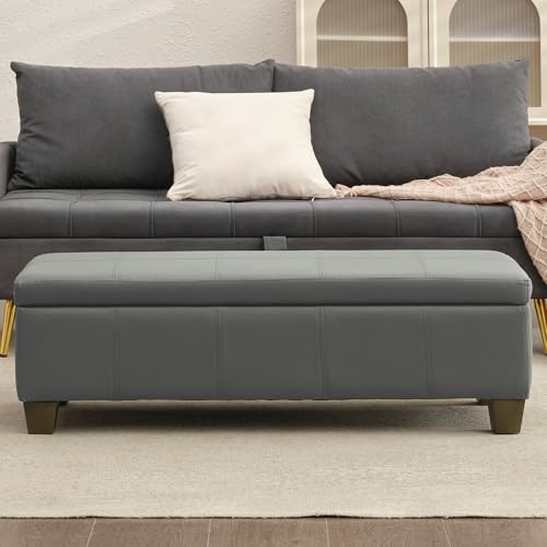 51 Inch Storage Ottoman, Storage Bench with Safety Hinge, Upholstered Synthetic Leather Ottoman Bench for Bedroom, Living Room, Entryway, Hallway, Foot Rest, Support 500lbs - color: Grey, size: 51 inch