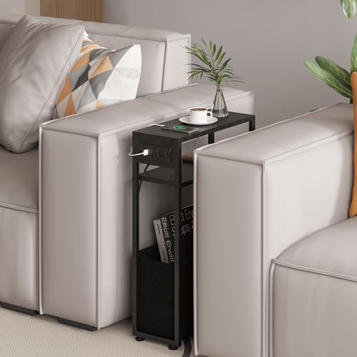 Leomonio Black Side Table with Charging Station, Slim End Tables with Fabric Basket, Skinny Table for Small Spaces, Thin Bedside Table for Living Room, Bedroom - color: Black - Outlet