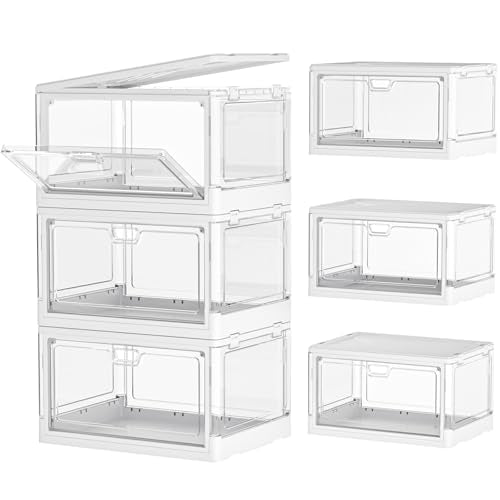 Kmiectse Clear Storage Bins with Lids 3 Pack 【Stackable & Sturdy】 | Plastic Multifunctional Folding Storage Bins for Bedroom, Living Room, Study,Room, 23 QT Folding Box with Magnetic Door - size: 3 Tier-3 Lids