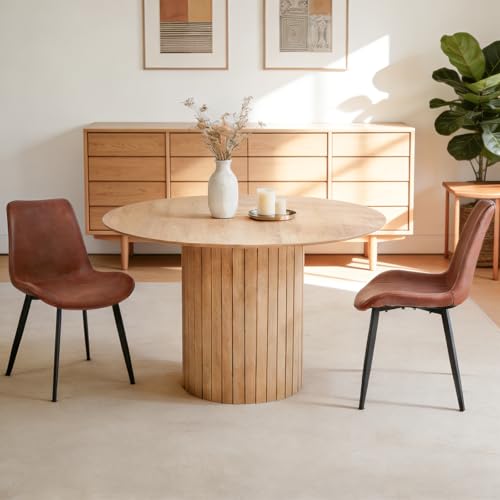 47" Round Dining Table for 4, Farmhouse Kitchen Table [Chamfered Edge Tabletop] Circle Pedestal Dinner Table, φ47.2"x29.5"H, Natural - color: Basic Natural 47
