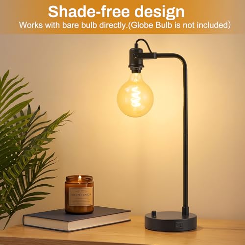 Black Table Lamp Set of 2, USB A+C, 180° Adjustable Bedside Lamps, Dimmable | Bare Bulb Compatible, Industrial Nightstand Lamp with Linen Lampshade, LED Bulbs Included, Desk Lamp for Bedroom, Living Room - color: Black-A