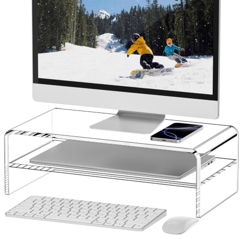 Egchi Clear Acrylic Monitor Stand Riser 2 Tier, 5.12 Inches High Clear Computer Desk Organizer Shelf for Multi Media PC Storage Laptop | Clear, Desk Shelf, for Multi Media PC Storage, Laptop Stand - size: 16''x8''x5.12''-2 Tiers