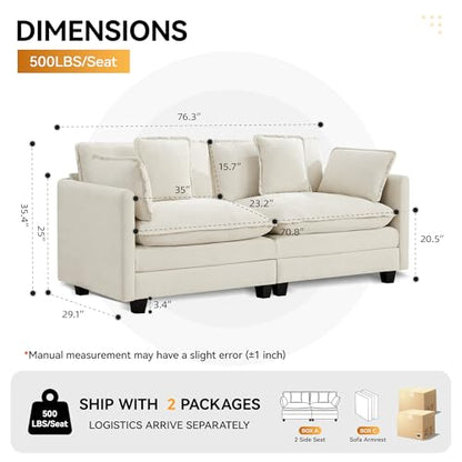 76" Cloud Loveseat Sofa, Modular Sectional Couch with Deep Seats and Double-Layer Thick Cushions, Chenille Upholstered 2-Seat Sofa for Living Room Apartment, Beige - color: Beige, size: 76'' Loveseat