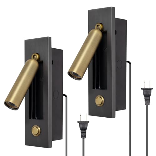 Set of 2 Led Headboard Wall Light, 350°Rotation Portable Plug in Wall Sconce Hardwired, Bedside Reading Light Recessed Push Switch, Hotel Bed Side Decor Wall Sconces Spotlight (Brushed Brass) - color: Brushed Brass