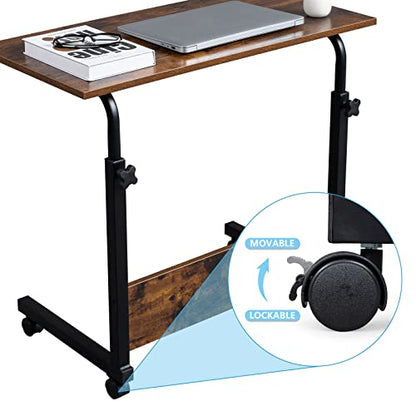 Sofa Side Table C Shaped End Table with Wheels, Rolling Bedside Laptop Table Snack Table TV Tray, Height Adjustable, Wooden Top & Metal Frame - color: Retro Brown, 31.5"