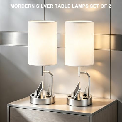 Dreamholder 2 Pack Table Lamp, Bedside Lamp with 3 USB Charging Ports & AC Outlet, USB Desk Lamp with 2 Phone Holders, Linen Fabric Shade Nightstand Lamps for Bedroom Living Room Office, Silver - color: Silver
