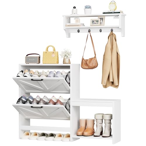 Homeiju Shoe Storage Cabinet Organizer with 2 Flip Drawers, Freestanding Narrow Shoe Rack for Entryway, Shoe Bench, Wall Ledge Shelf, Coat Hooks & Anti-Tip Safety for Kids & Pets – White