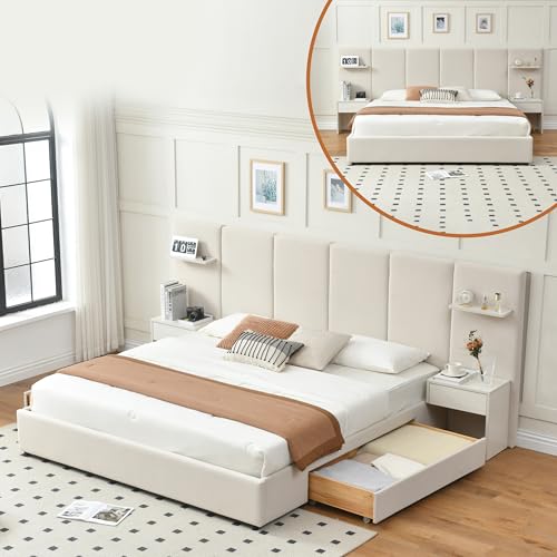 King Size Bed Frame with Storage & Built-in Nightstands & Drawers, Beige | Velvet Upholstered Platform Bed Frame & 4 Floating Storage Shelves, Noise-Free, No Box Spring Needed, Easy Assembly - color: Beige, size: King