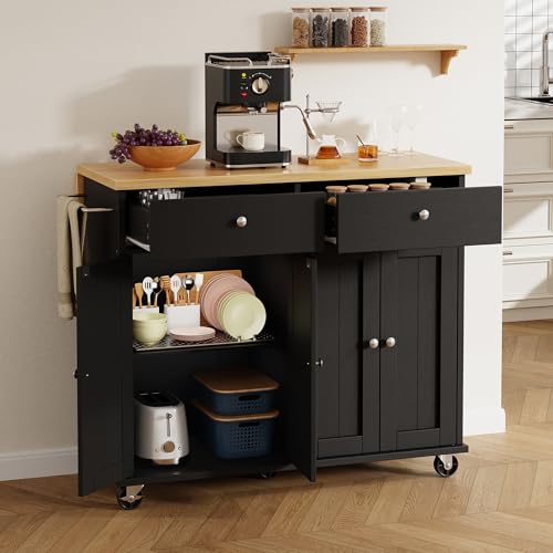 Shintenchi Kitchen Island with Drop Leaf, Rolling Kitchen Cart with Storage on Wheels, Table Bar Cart for Kitchen with Towel Rack & Seating Area for Dining Room, Black - color: Black and Natural