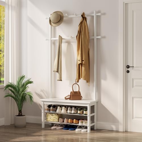 AQIMUELE Coat Rack with Shoe Storage, Wooden Hall Tree with Bench, 11 Hooks and 2-Tier Storage Shelves, 3-in-1, Entryway Bench with Coat Rack (31.5"-White) - color: White, size: 31.5"