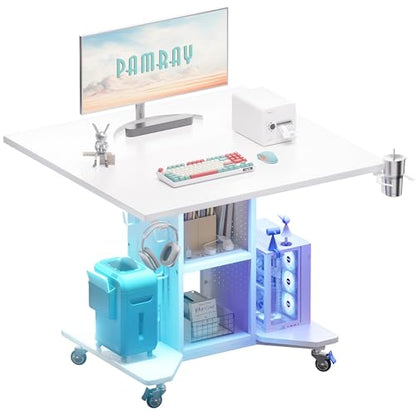 Pamray Small Gaming Desk Rolling Computer Table White | Movable, with Led Lights Power Outlets, with Storage Pegboard and Hook, Sturdy, Suitable for Study Gaming Bedroom Dorm - color: White