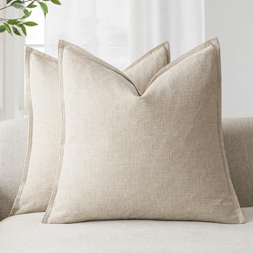 Foindtower Pack of 2, Decorative Linen Soild Throw Pillow Covers Soft Accent Cushion Case Boho Farmhouse Neutral Pillowcase for Couch Sofa Bedroom Living Room Home Decor 20 x 20 Inch Natural Beige - color: Natural Beige, size: 20" x 20" (Pack of 2)